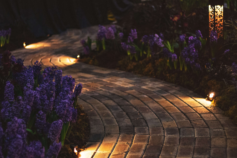 Beautiful garden path at night.