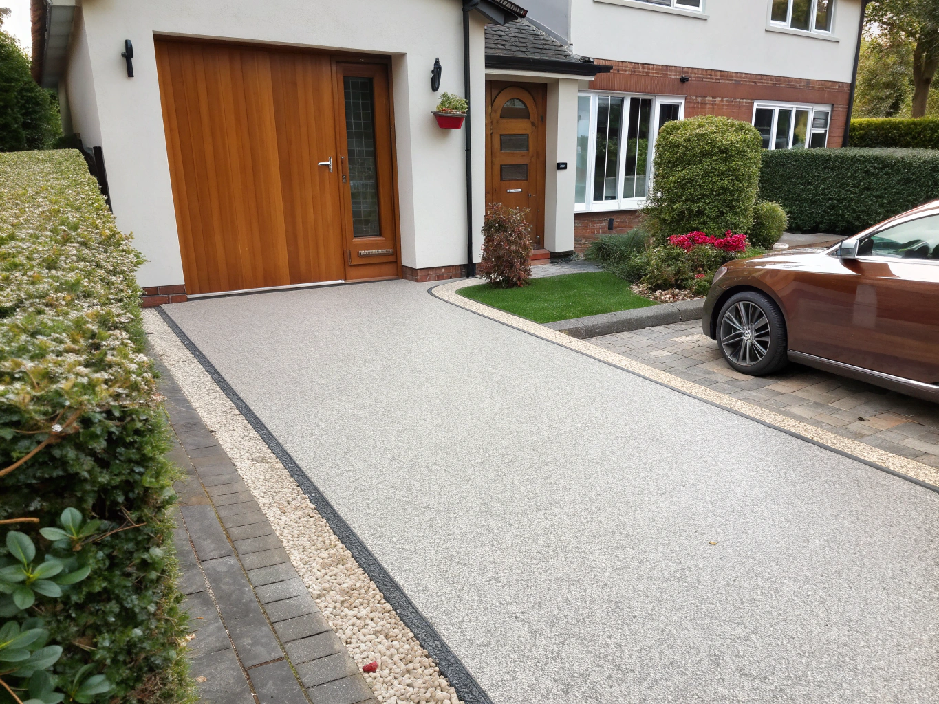 Modern driveway with integrated lighting and drainage